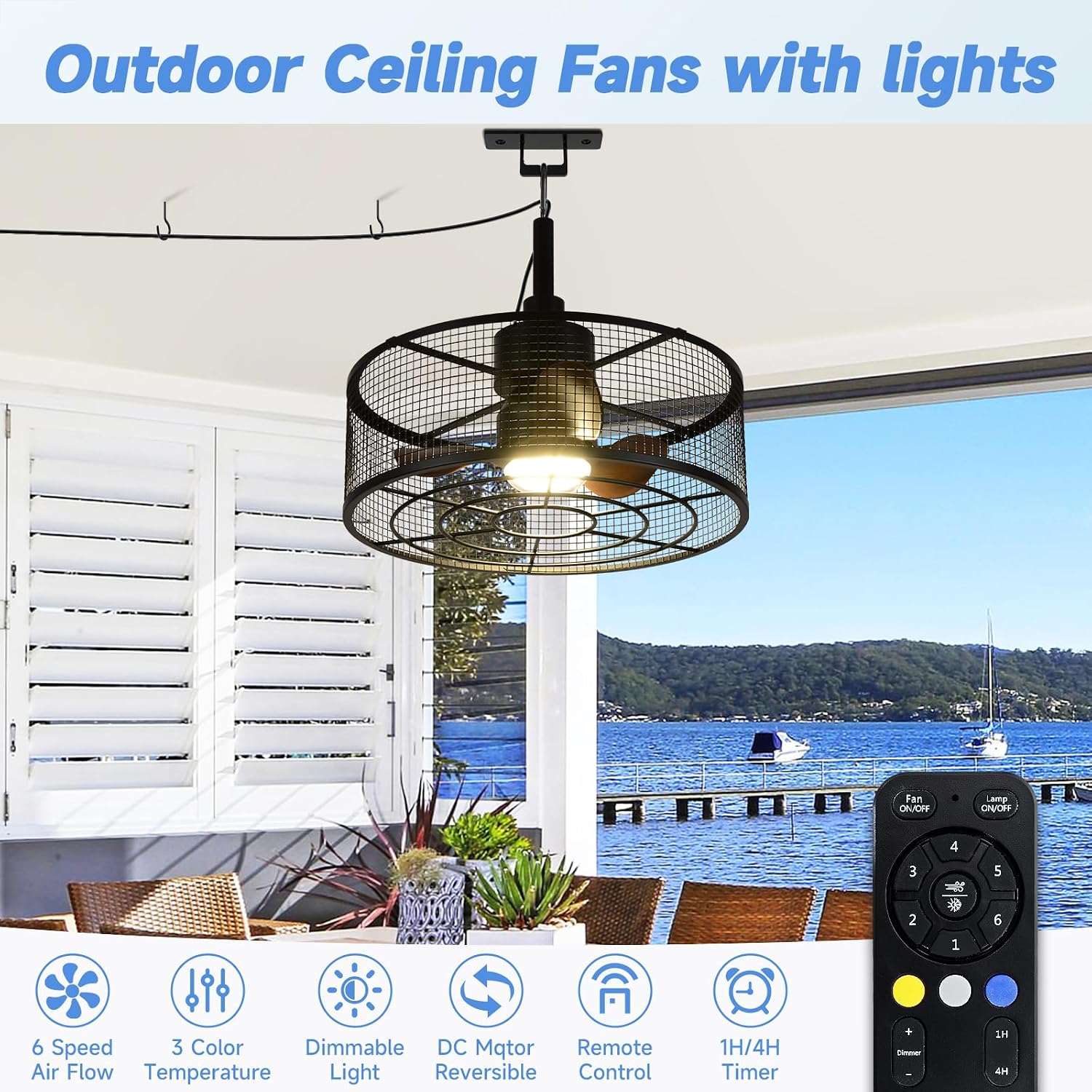 ZHENYANGL 18.11' Outdoor Ceiling Fan with Light and Remote LED Black Industrial Caged Ceiling Fan Light Fixture with Hook IP 54 Waterproof Plug in Fan Lights for Patios, Porch, Pergola, Canopy, Gazebo