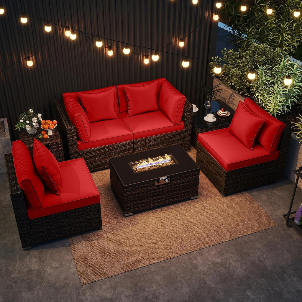 Tangkula 7 Pieces Wicker Patio Furniture Set with 40,000 BTU Gas Fire Pit Table & Propane Tank Cover Table & Glass Top Coffee Table, for Garden, Backyard and Poolside (Red)