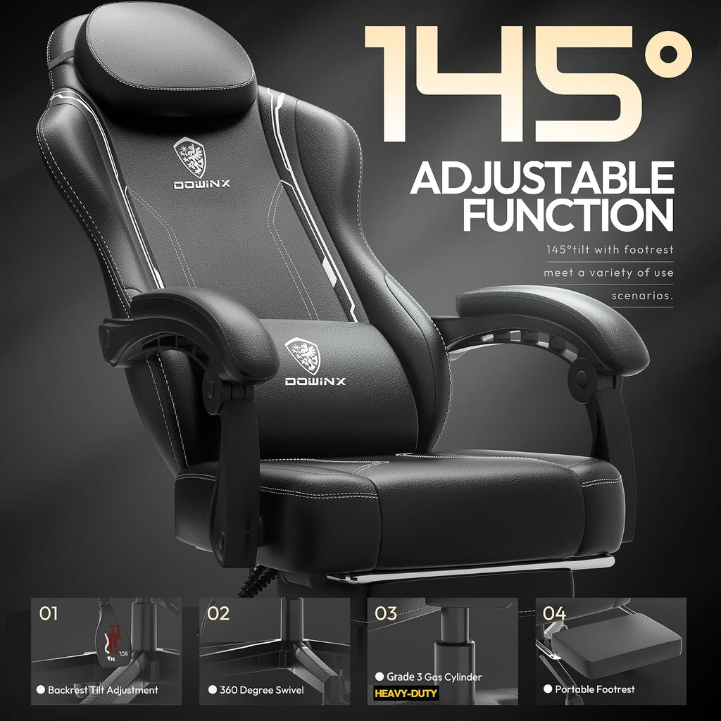 Dowinx Gaming Chair with Pocket Spring Cushion, Ergonomic Computer Chair with Massage Lumbar and Footrest for Adults, High Back Game Chair Leather for Office Gaming 300LBS, Black