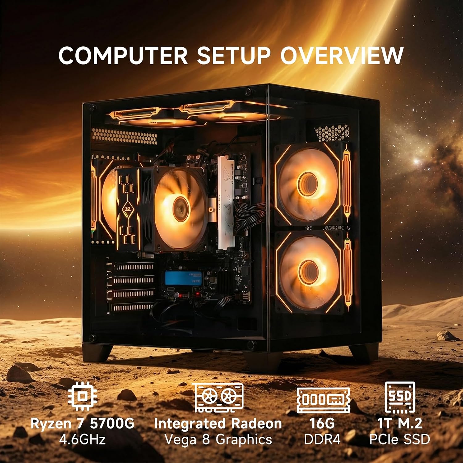 ALCPOK Gaming PC Desktop, AMD Ryzen 7 5700G 3.8GHz, 16GB DDR4 3200MHz RAM, 1TB NVMe SSD, 550W Bronze Power Supply, ARGB Fans,Tower Computer for Office,Photo Editing