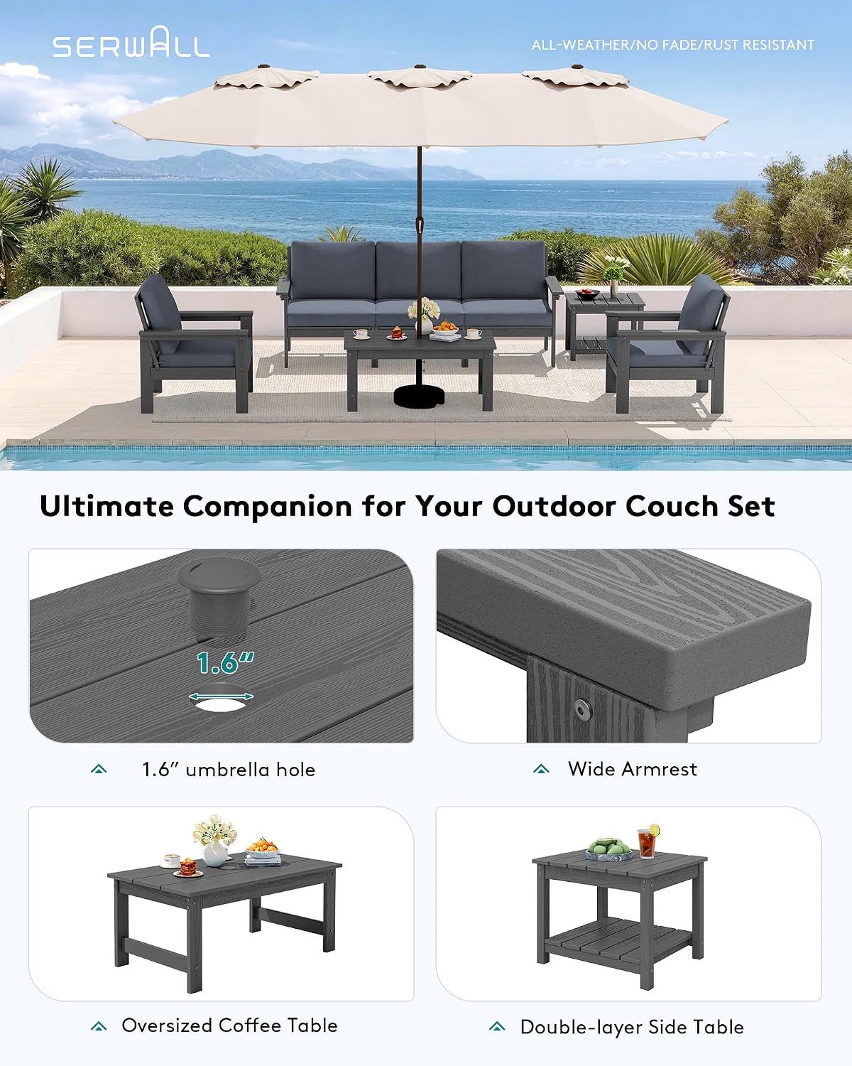 SERWALL HDPE Patio Furniture Set, 7-piece Outdoor Sectional Sofa Set, All Weather Outdoor Couch Set for Deck, Lawn, Grey Frame with Grey Cushion