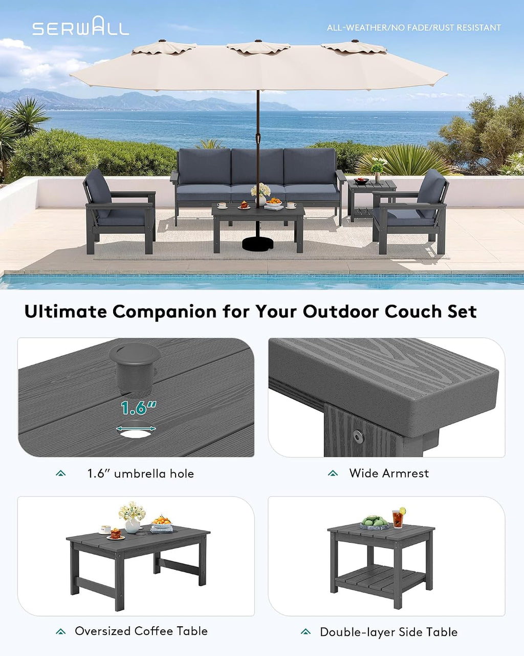 SERWALL HDPE Patio Furniture Set with 15FT Patio Umbrella, 7-piece Outdoor Sectional Sofa Set, All Weather Patio Couch Set for Deck, Gray &Gray (Umbreall Base not Included)