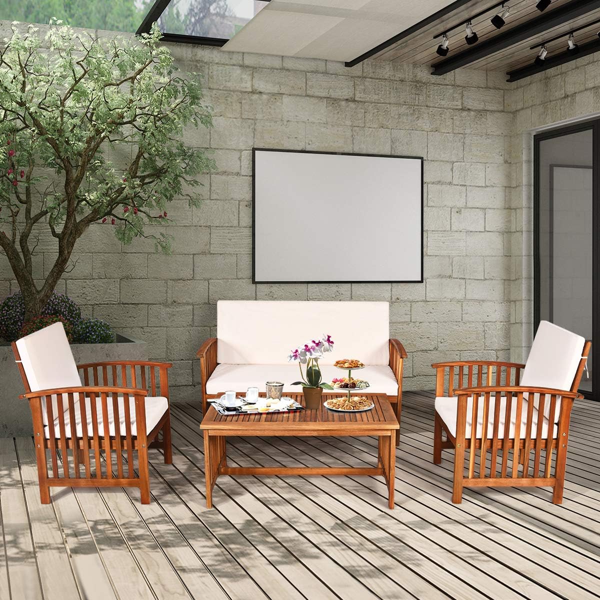 Tangkula Outdoor 8 Pcs Acacia Wood Sofa Set w/Water Resistant Cushions, Padded Patio Seating Chat Set w/Coffee Table for Garden, Backyard, Poolside (2, White)