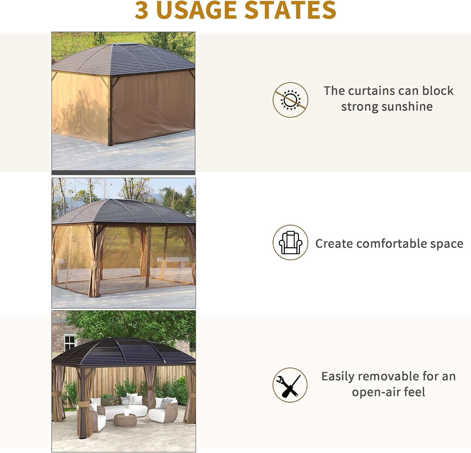 Outsunny 10' x 14' Hardtop Gazebo Canopy with Galvanized Steel Roof, Aluminum Outdoor Pavilion Gazebo with Top Hook, Netting, and Curtains for Patio, Garden, Backyard, Deck, Brown