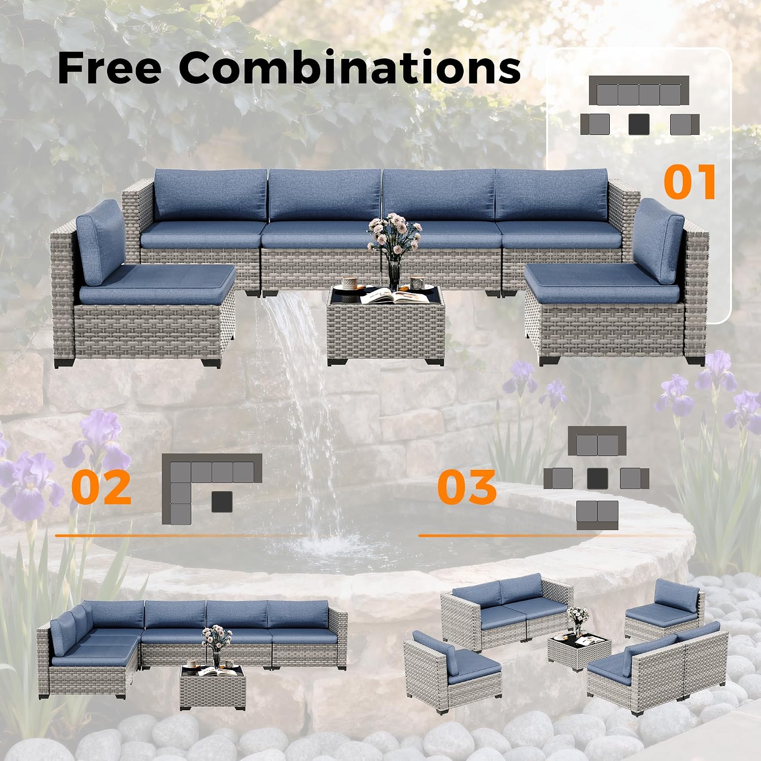 6-Seat Modular Patio Furniture Set – Outdoor Wicker Sectional Sofa with Thick 4″ Cushions, Dual-Strand PE Rattan, Rust-Resistant 18 mm Steel Frame, Backyard Garden Deck Lounge,Navy