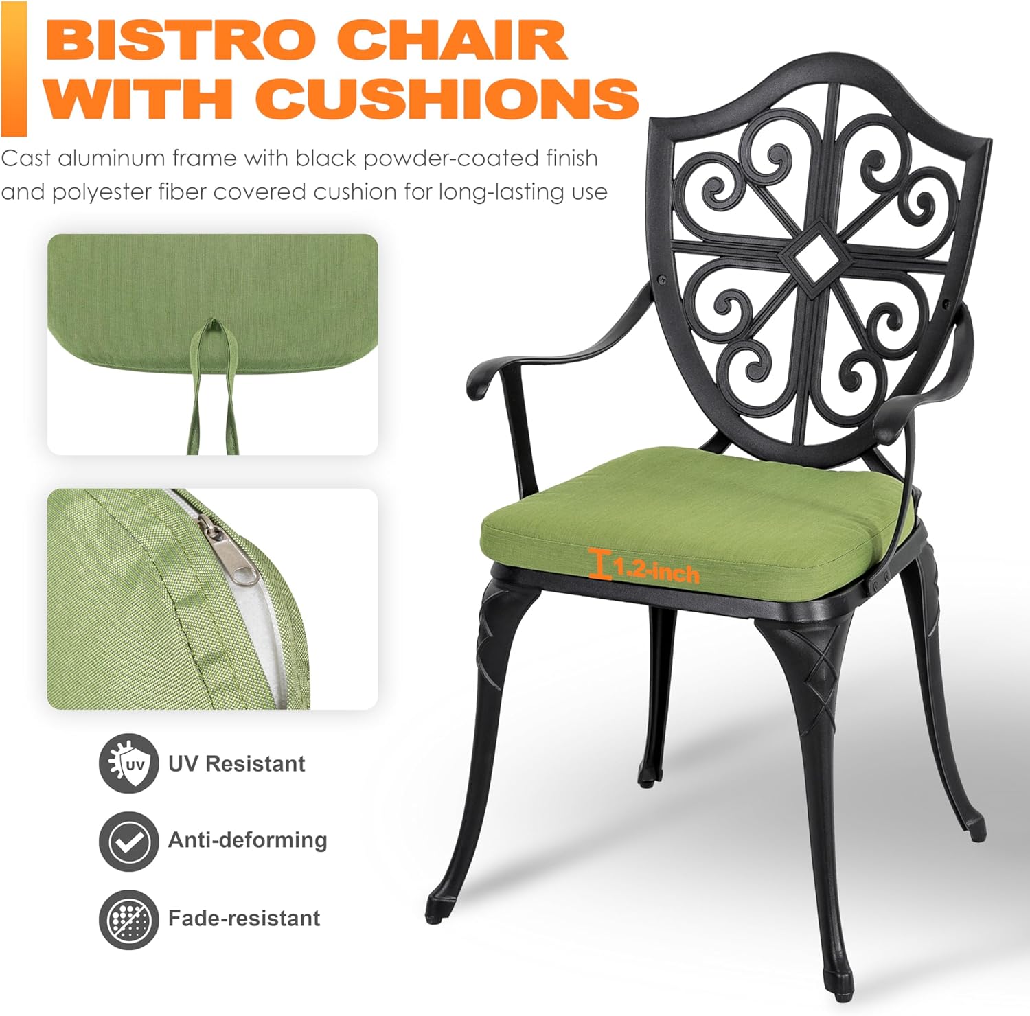 NUU GARDEN 3 Piece Outdoor Bistro Set, Outdoor Cast Aluminum Patio Bistro Table and Chairs Set of 2 with Umbrella Hole and Green Cushions for Backyard, Balcony, Porch, Black