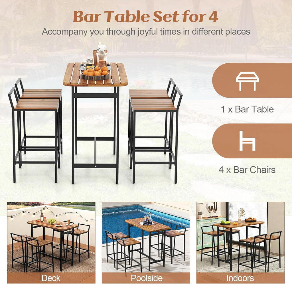Tangkula 5 Piece Acacia Wood Bar Table Set, Outdoor Bar Height Table & Chairs with Metal Frame & Footrest, Patio Bar Table Set for 4, Patio Furniture Bistro Set for Deck, Garden & Poolside