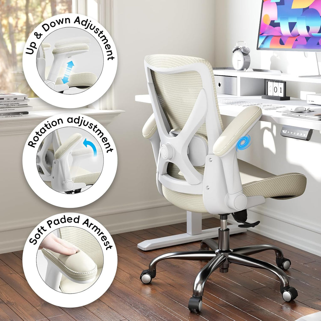 Ergalithic Office Home Ergonomic Desk Chair-Computer X-Shaped Chair Mesh PU Leather with Adjustable Lumbar Support-Executive Chair High Back Flip-Up Arms for Long Hours (Beige-No Headrest)