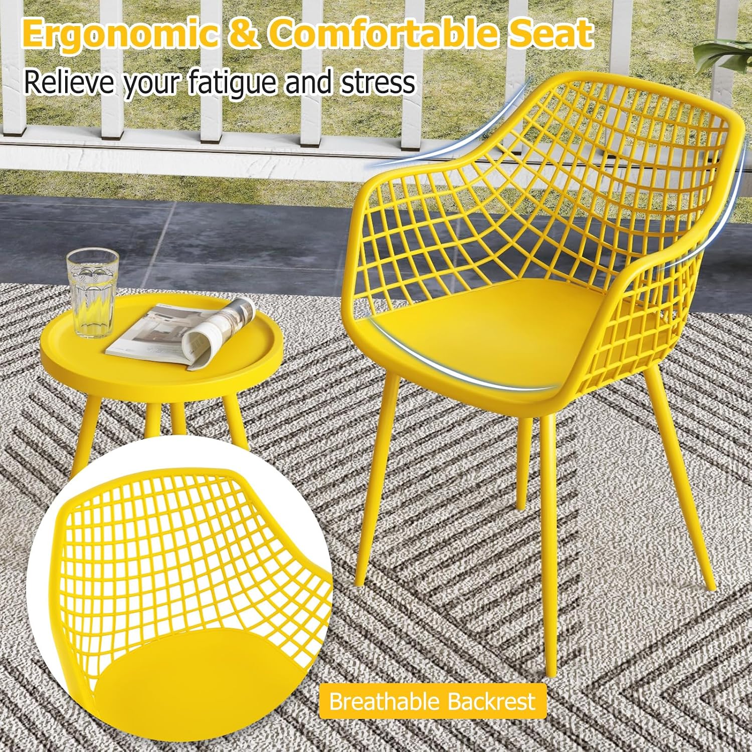 Giantex 3 Piece Patio Furniture Set, Outdoor Bistro Table and Chairs Set of 2, PP Seat & Metal Legs, Small Conversation Set for Balcony Front Porch Deck Backyard Lawn (Lemon Yellow)