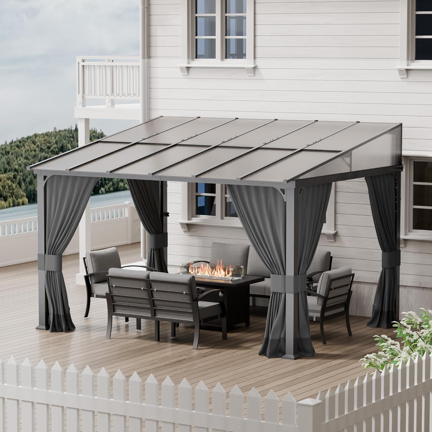 10x12FT Gazebo, Hardtop Wall Mounted Gazebo with Sloping Sun Panel Roof, Awnings for Patio with Metal Frame, Double Curtains for Garden, Lawn, Backyard Deck, Sand