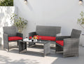 4 Piece Patio Ratten Set Outdoor Furniture Set Wicker Conversation Set with Cushions and Tempered Glass Tabletop,Red