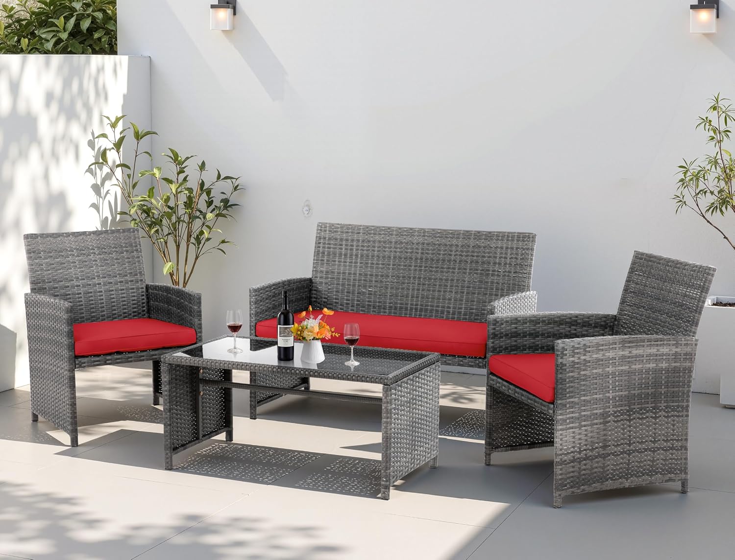 4 Piece Patio Ratten Set Outdoor Furniture Set Wicker Conversation Set with Cushions and Tempered Glass Tabletop,Red