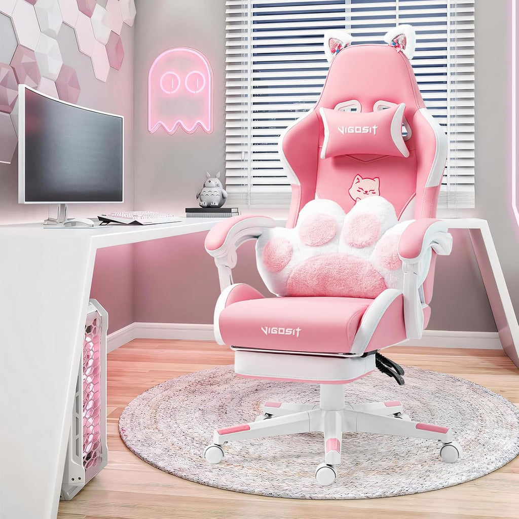 Vigosit Pink Cat Gaming Chair with Footrest, Ergonomic Cute Gamer Chair with Cat Ears, Comfortable Desk Computer Chair for Girls Adults