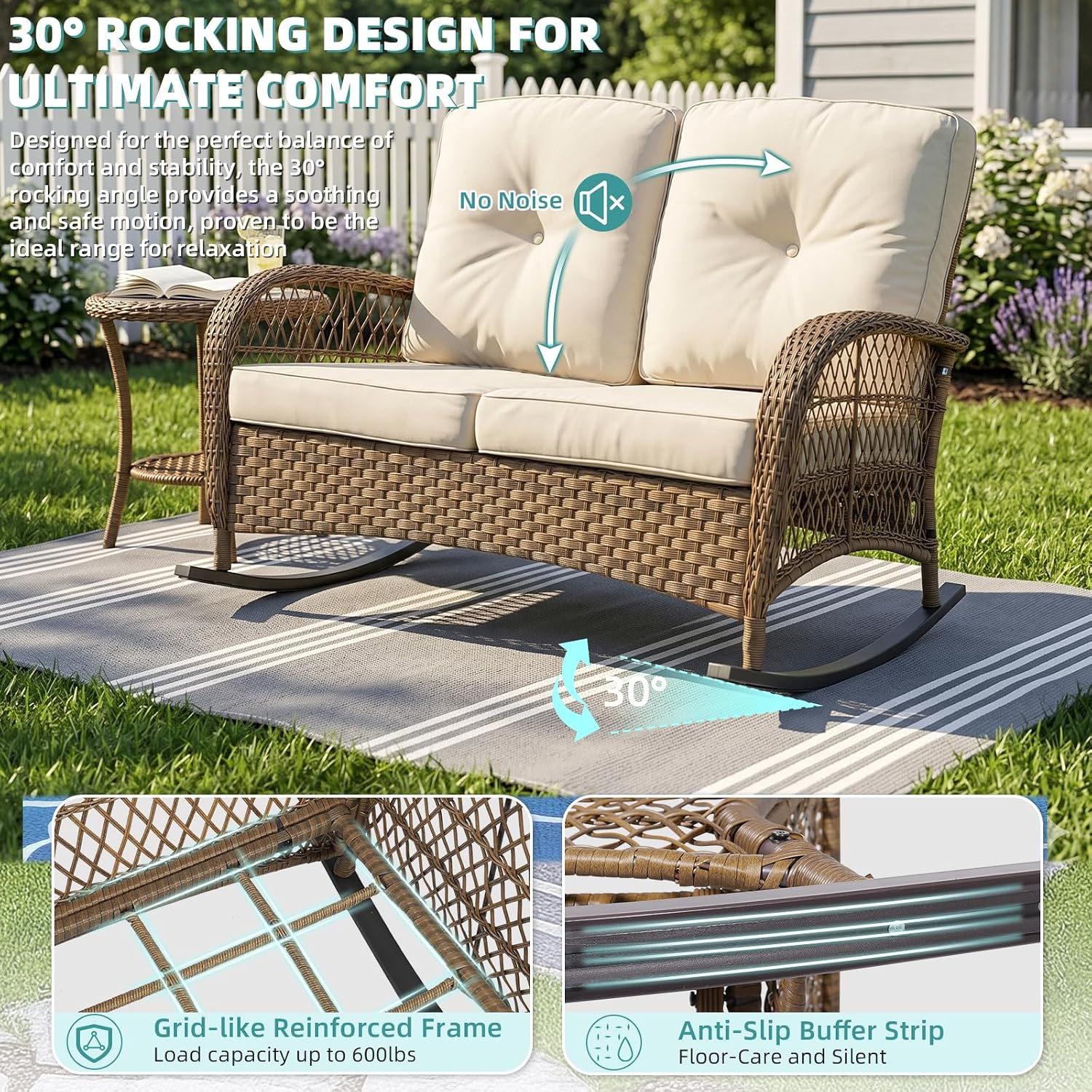 MEETWARM Outdoor Wicker Loveseat Rocking Chair, Loveseat for 2 Person Porch Furniture Rocker with Glass-Top Coffee Table, All-Weather Rattan Patio Rocking Bench with Thickened Cushions, Brown