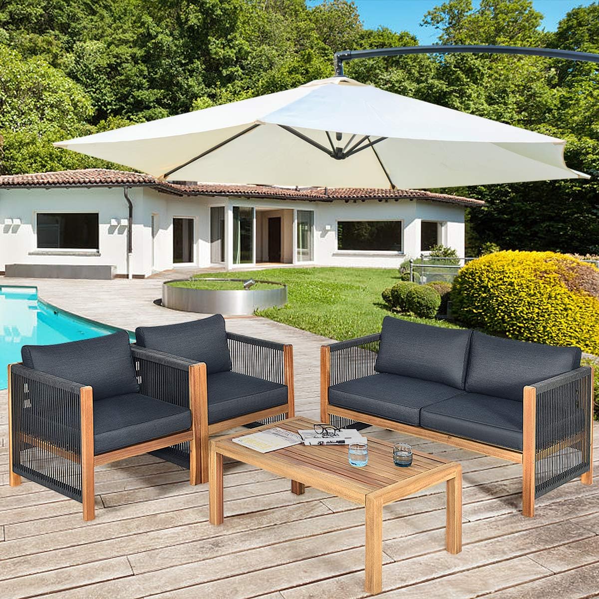 Tangkula Outdoor Wood Furniture Set, Acacia Frame Loveseat Sofa, 2 Single Chairs and Coffee Table, 4 Pieces Conversation Set with Cushions, Garden Balcony Poolside Living (1, Grey)