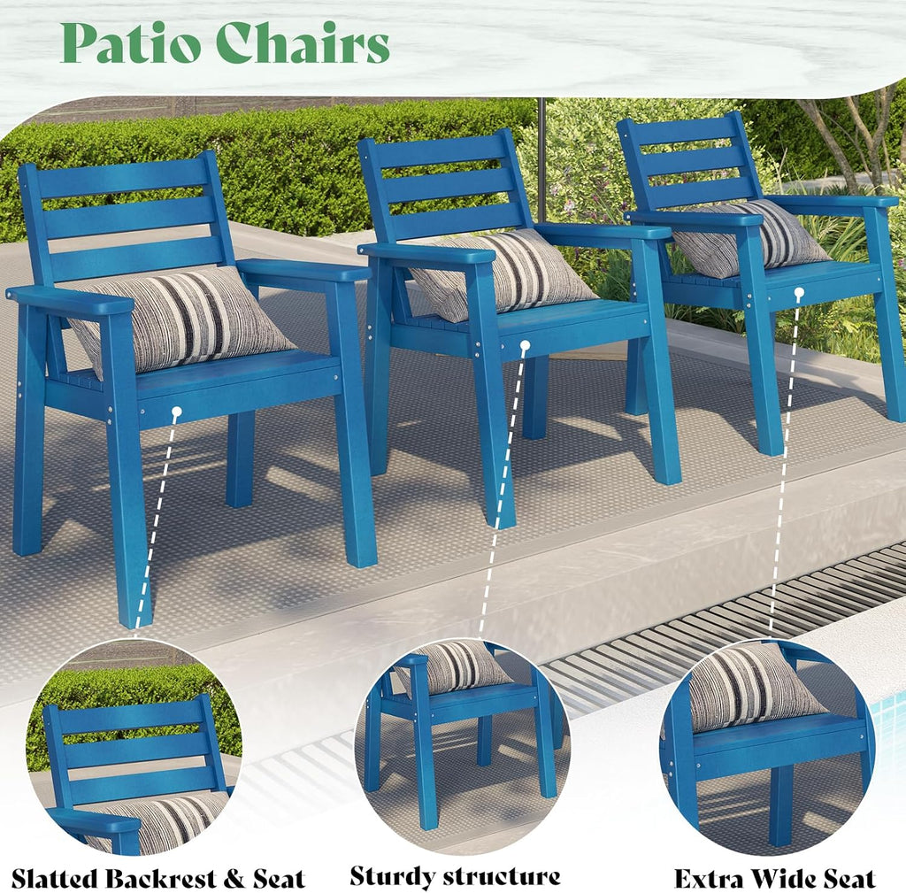 AMERLIFE 7-Piece HDPE Outdoor Dining Table Set with 6 Chairs, 71' Patio Dining Table Sets with Umbrella Hole, Modern Dinner Table & Chairs Set for Garden, Backyard, Poolside, Blue