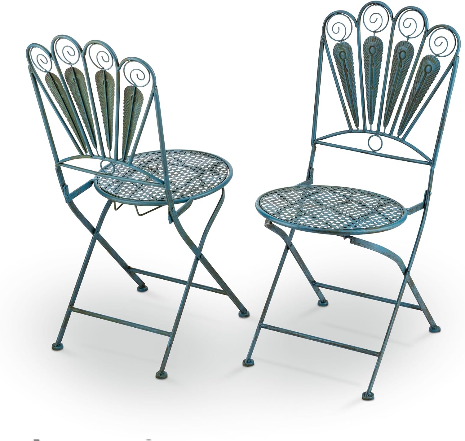 Alpine Corporation Indoor/Outdoor 3-Piece Peacock Feather Rustic Metal Bistro Set Patio Seating, Light Blue