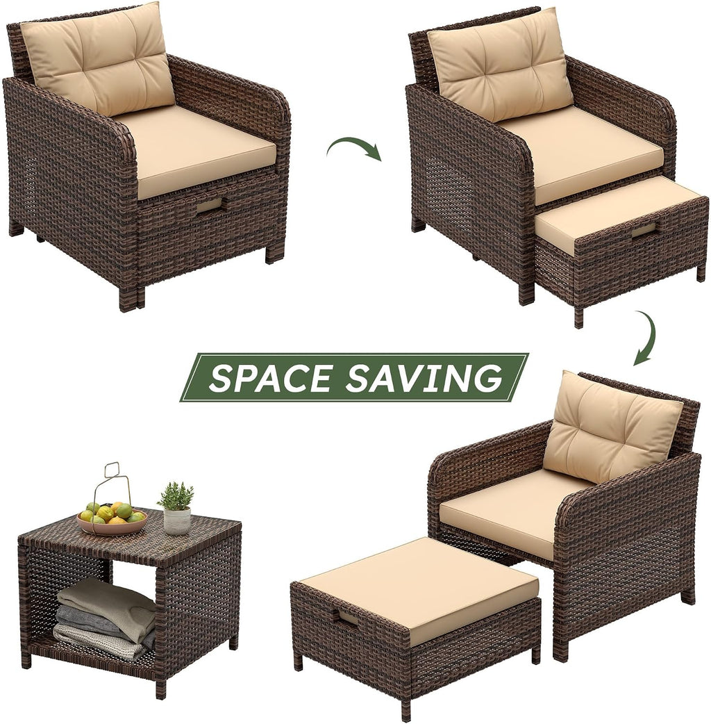 5 Pieces Patio Furniture Set, Hand-Woven Rattan Patio Conversation Set with Soft Cushions & Coffee Table, Outdoor Chairs with Hidden Ottoman for Porch, Lawn, Garden, Balcony, Brown