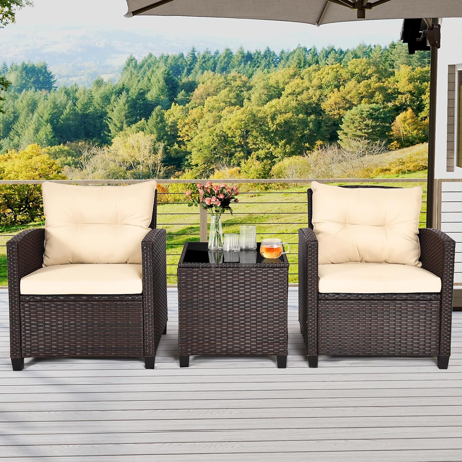 ORALNER 3 Pieces Patio Furniture Set, Outdoor Wicker Conversation Set Rattan Chairs with Cushions, Glass Coffee Table, Bistro Set for Front Porch Balcony Garden Deck Poolside (Beige)