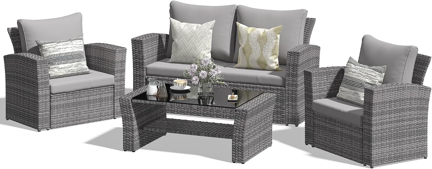 FansaFurn 4-Piece Outdoor Patio Furniture Set, All Weather Wicker Rattan Sectional Sofa Conversation Seating Set with Cushions & Large Glass Coffee Table, Ideal for Garden Backyard Porch, Grey