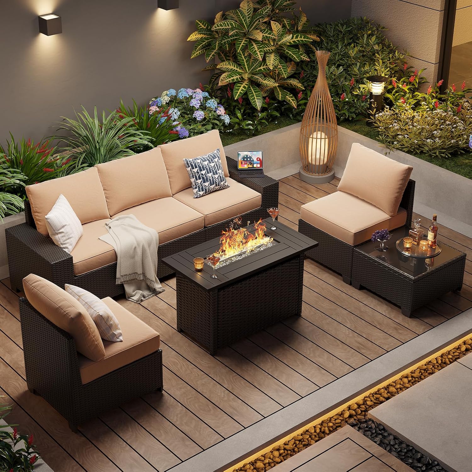 Aoxun Patio Furniture Set with 44'' Fire Pit Table, 7 Pcs Outdoor Patio Furniture Sets with 4in Thicken Cushion and Coffee Table, Widen Armrests Wicker Outdoor Sectional for Backyard & Garden, Beige