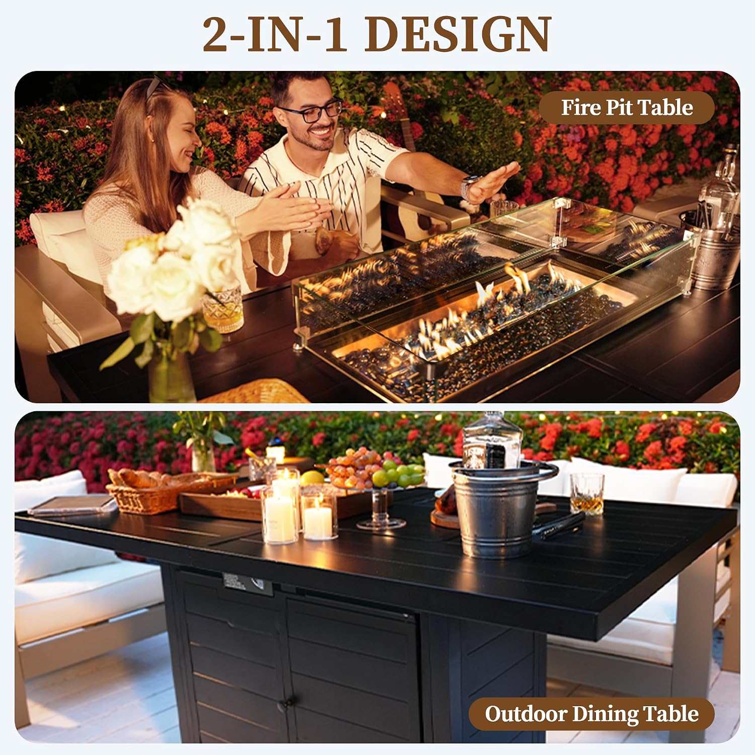 PIZZELLO 7 Piece Patio Furniture Set with 60' Propane Firepit Table, 4Pcs Outdoor Swivel Rocker Chairs with 2 Side Tables and Aluminum Gas Fire Table
