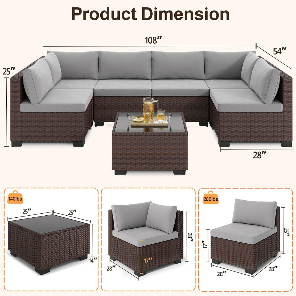 Ahomly 7-Piece Patio Furniture Set, Outdoor Sectional Couch with Water-Resistant Cushions & Coffee Table, PE Rattan Outdoor Patio Sofa Set for Backyard, Deck, Garden, or Porch, Grey