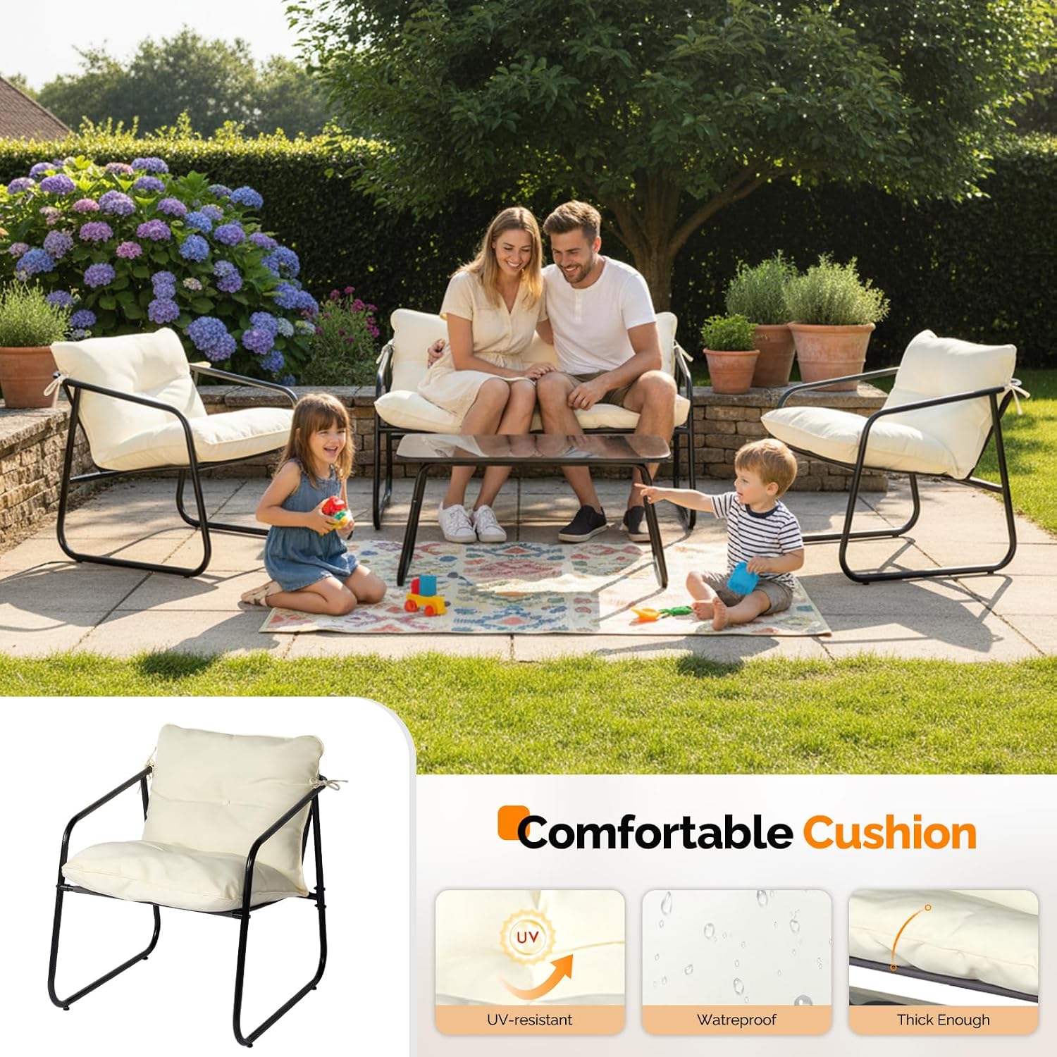 VINGLI 4 Piece Patio Conversation Set, Outdoor Furniture Set with Glass Coffee Table & Comfortable Cushion, All-Weather Cushioned Seating for Garden, Backyard, Porch, White