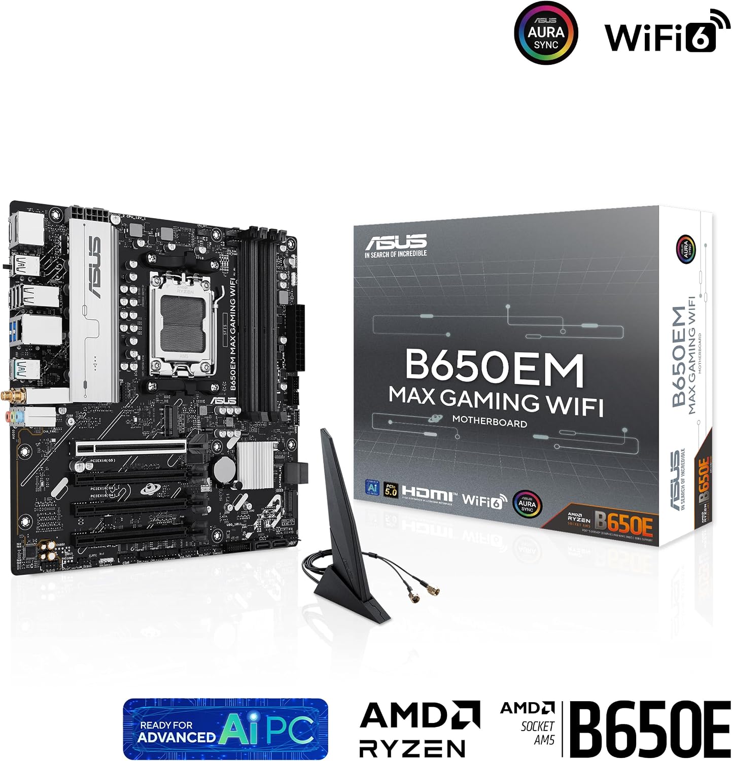 ASUS B650EM MAX Gaming WiFi AMD B650 mATX Motherboard, DDR5, PCIe 5.0 Ready, 3X M.2 Slots, WiFi6, 1Gb Ethernet, DisplayPort, HDMI, Rear USB 10Gbps Type-A & Type-C Ports, BIOS Flashback, Aura Sync