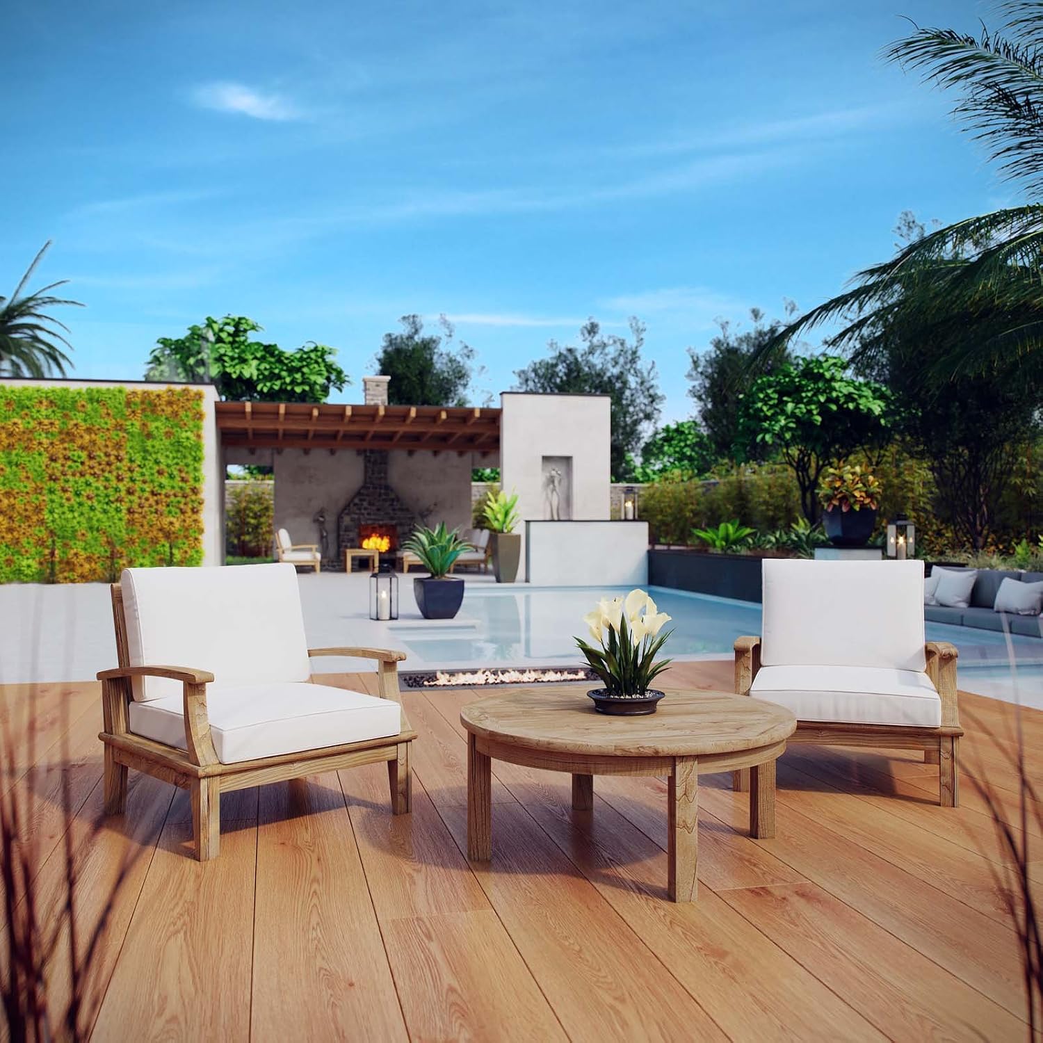 Modway 3-Piece Marina Outdoor Patio Teak Sofa Set, Natural White