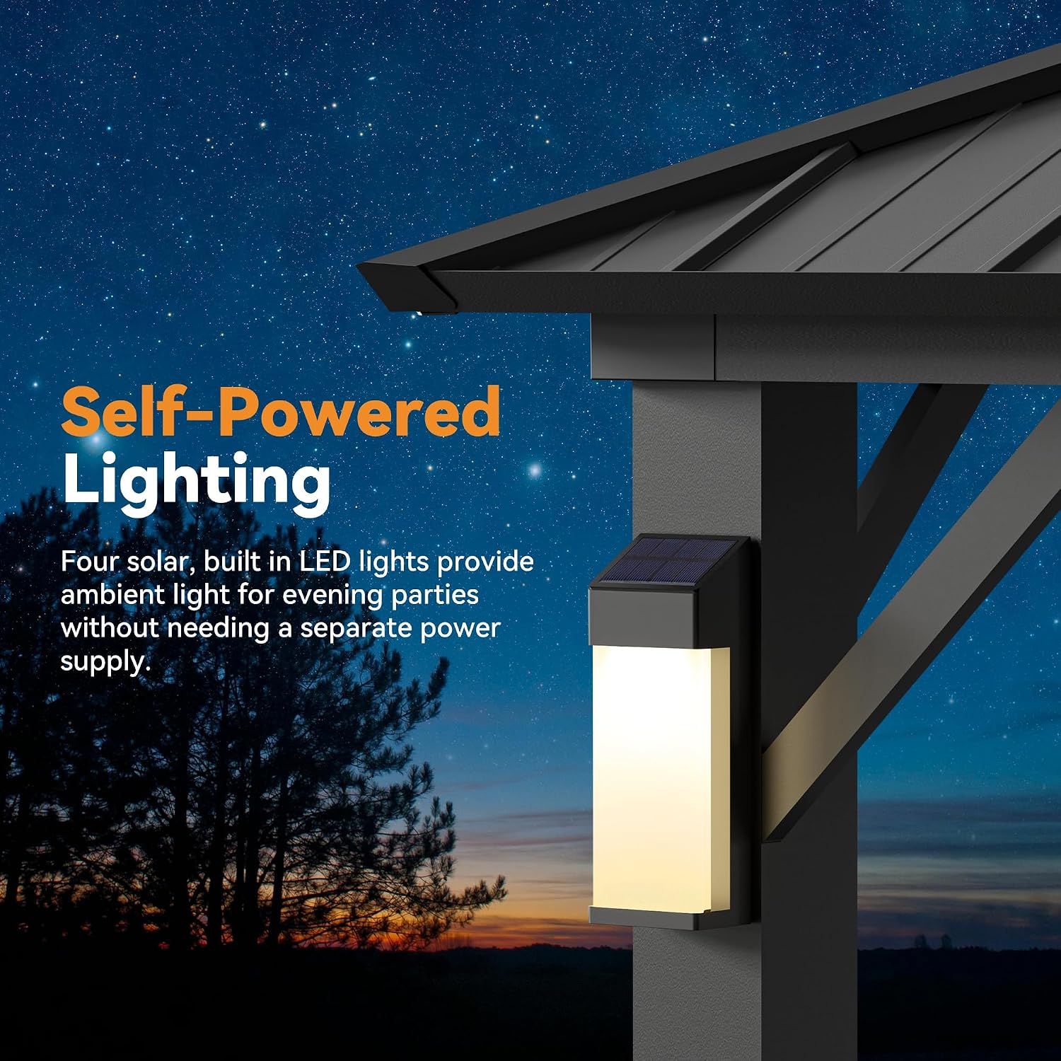 Modern Shade The Horizon Hard Top Gazebo 10' x 14' with 4 LED Lights, Permanent Hardtop Gazebo with Galvanized Steel Double Roof, Metal Gazebo with Decor Hooks, Mosquito Nettings for Patio, Black
