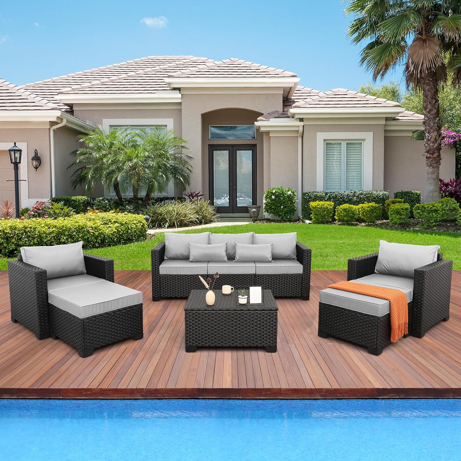 Rattaner Patio Wicker Furniture Set 6 Pieces Outdoor HDPE Wicker Conversation Couch Sectional Chair Sofa Set with Grey Cushions