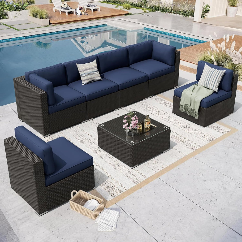 Incbruce Outdoor Patio Furniture Set 7-Piece All-Weather Sectional Sofa Outside Couch, Manual Weaving Wicker Rattan Conversation Set with Glass Top Table and Removable Cushions(Dark Blue)