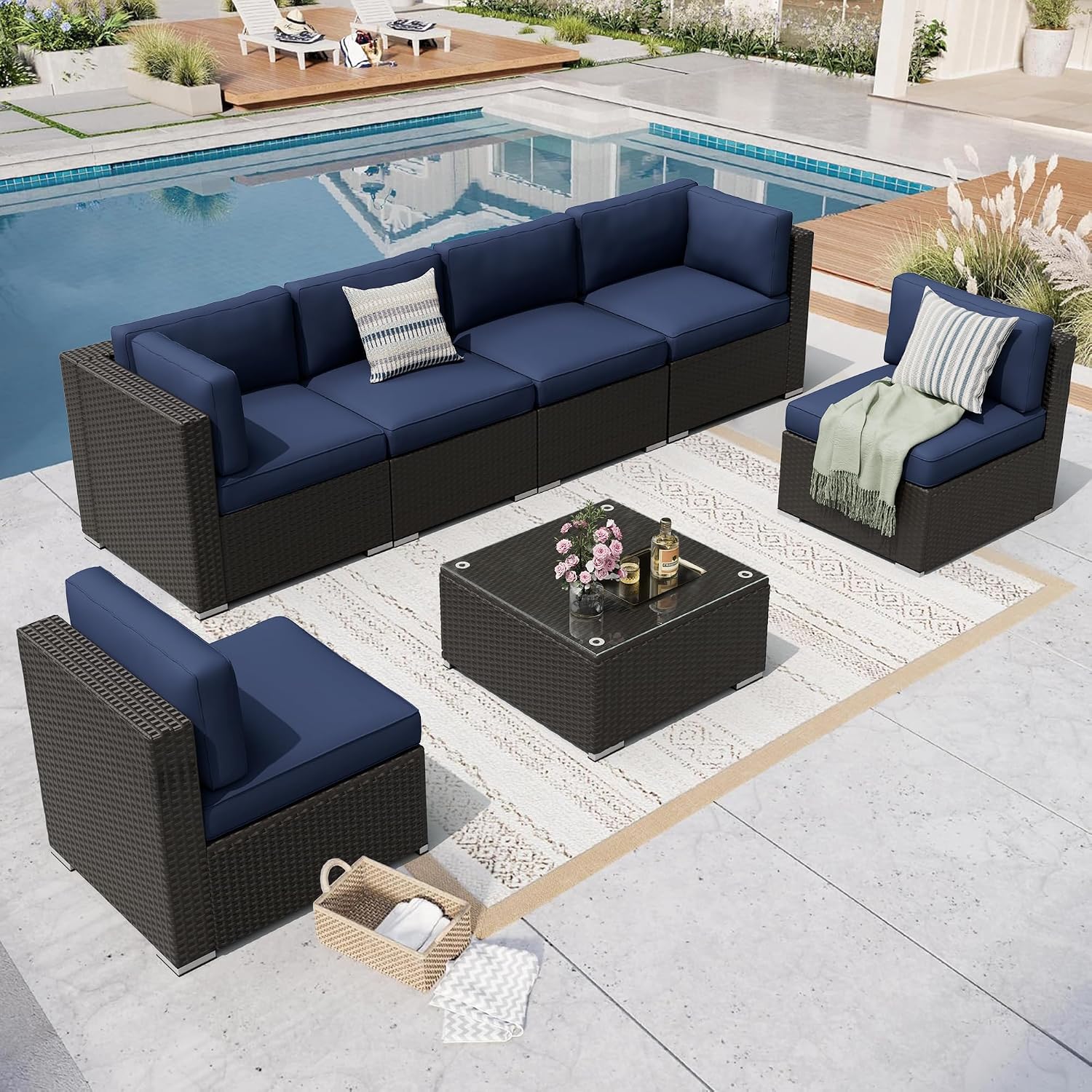 Incbruce Outdoor Patio Furniture Set 7-Piece All-Weather Sectional Sofa Outside Couch, Manual Weaving Wicker Rattan Conversation Set with Glass Top Table and Removable Cushions(Dark Blue)