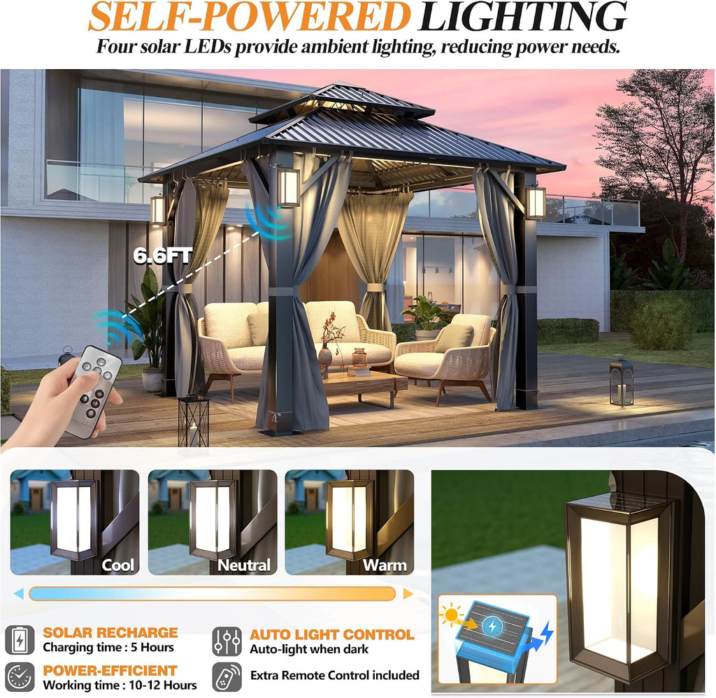 GARTOO 8.5x8.5FT Outdoor Hardtop Gazebo with Double Roof - Aluminum Heavy-Duty Steel Top Gazebo with Solar LED Light, Breathable Netting & Privacy Curtain for Patio, Porch, Garden, Backyard