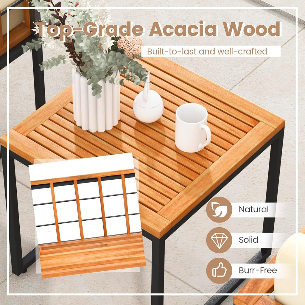 Tangkula 3 Pieces Patio Chair Set, Acacia Wood Outdoor Sofa Set with Metal Support, Soft Seat & Back Cushions Included, Cushioned Bistro Set for Balcony, Porch, Backyard (Beige)