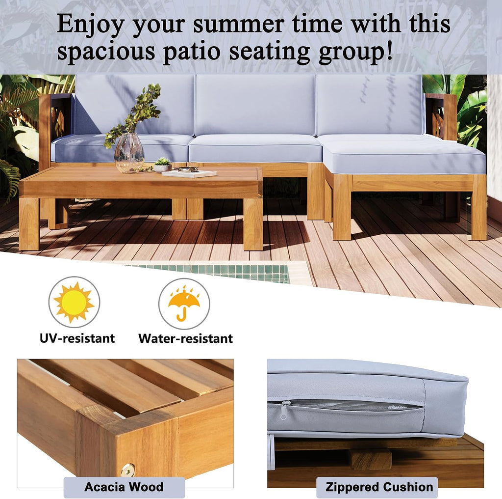 Upgrade Acacia Wood Outdoor Patio Sectional Sofa Set, 5-Piece All-Weather Conversation Sofa Set with Cushions and Side Coffee Table for Balcony Garden Backyard Poolside