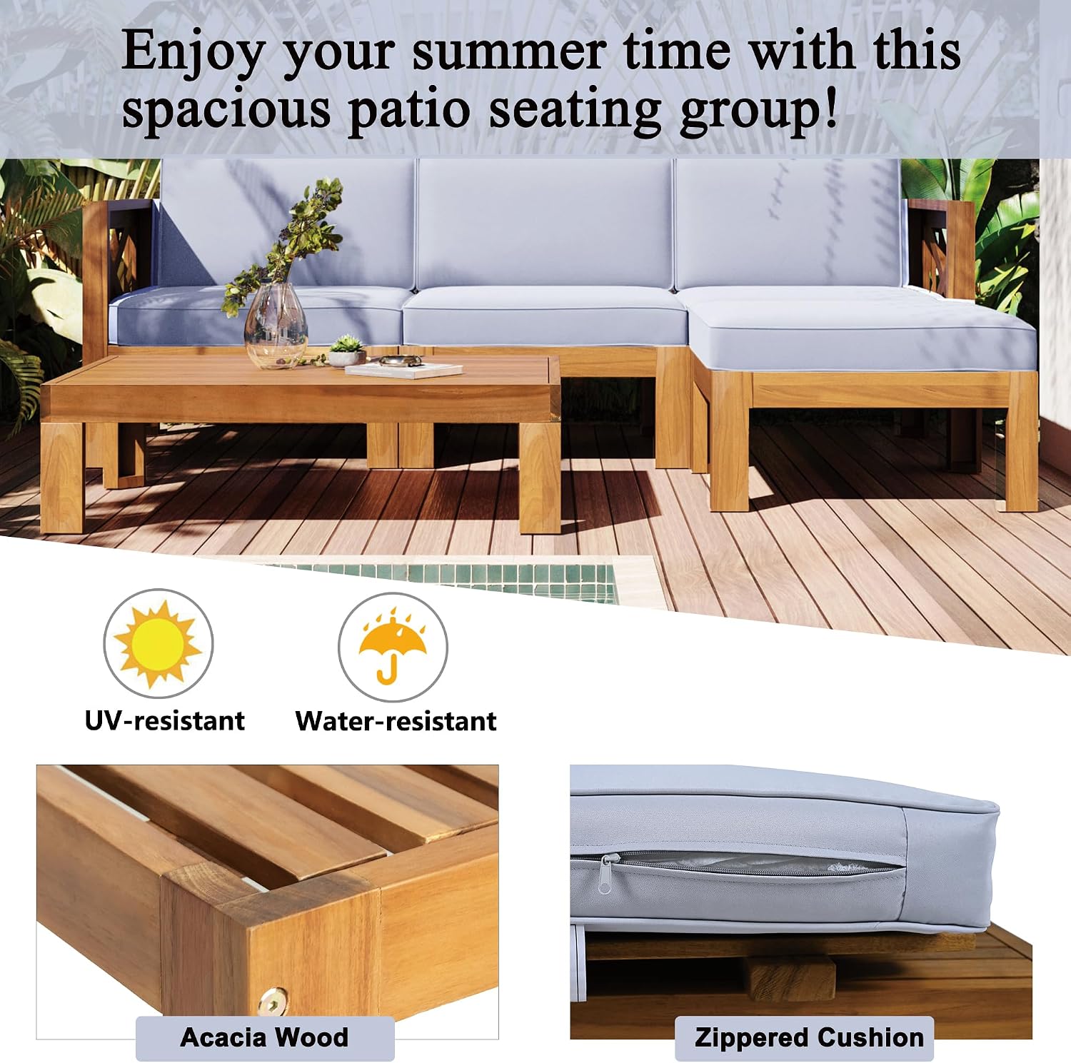 Upgrade Acacia Wood Outdoor Patio Sectional Sofa Set, 5-Piece All-Weather Conversation Sofa Set with Cushions and Side Coffee Table for Balcony Garden Backyard Poolside