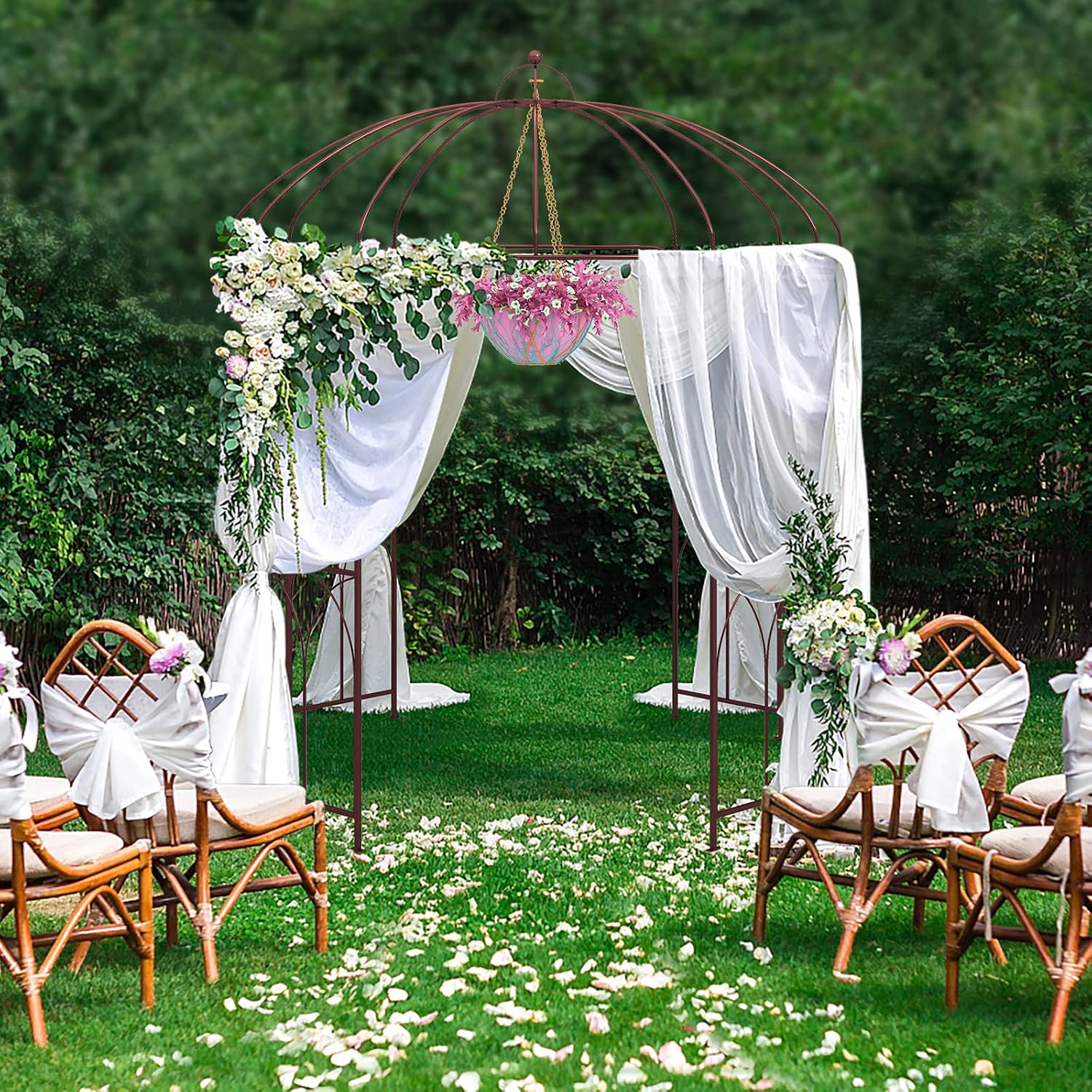 Giantex Birdcage Shape Garden Arbor, 8.4ft High x 7ft Wide, Metal Gazebo Arch Pergola Pavilion for Climbing Plants Party Wedding Ceremony Decor Outdoor, 16 Ground Stakes, Easy Assembly (Bronze)