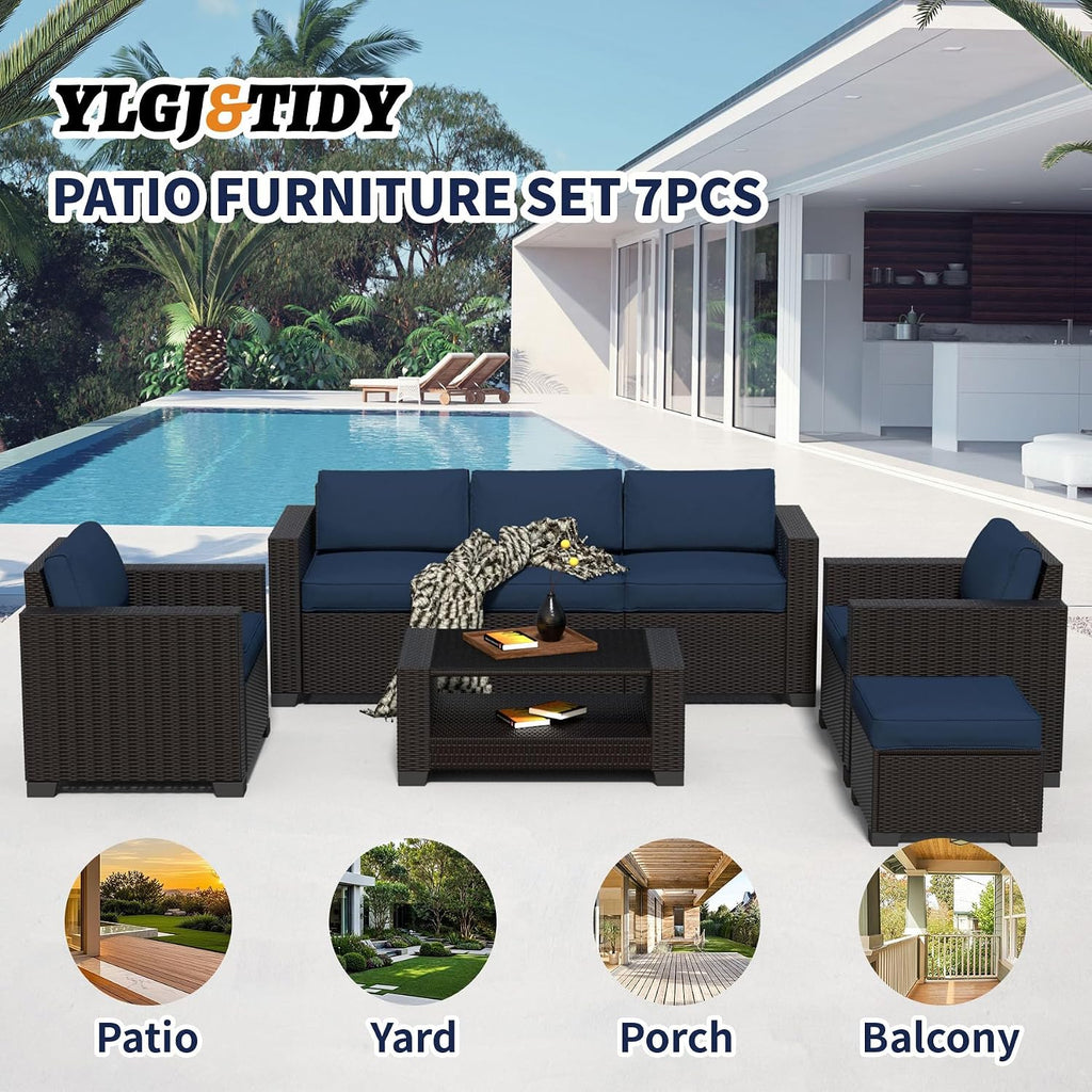 YLGJ&TIDY 7 PCS Outdoor Wicker Furniture Set Sectional Rattan Sofa Couch with Thick Cushions Glass Top Coffee Table Patio Conversation Set for Garden Backyard (Dark Brown Rattan & Dark Blue)