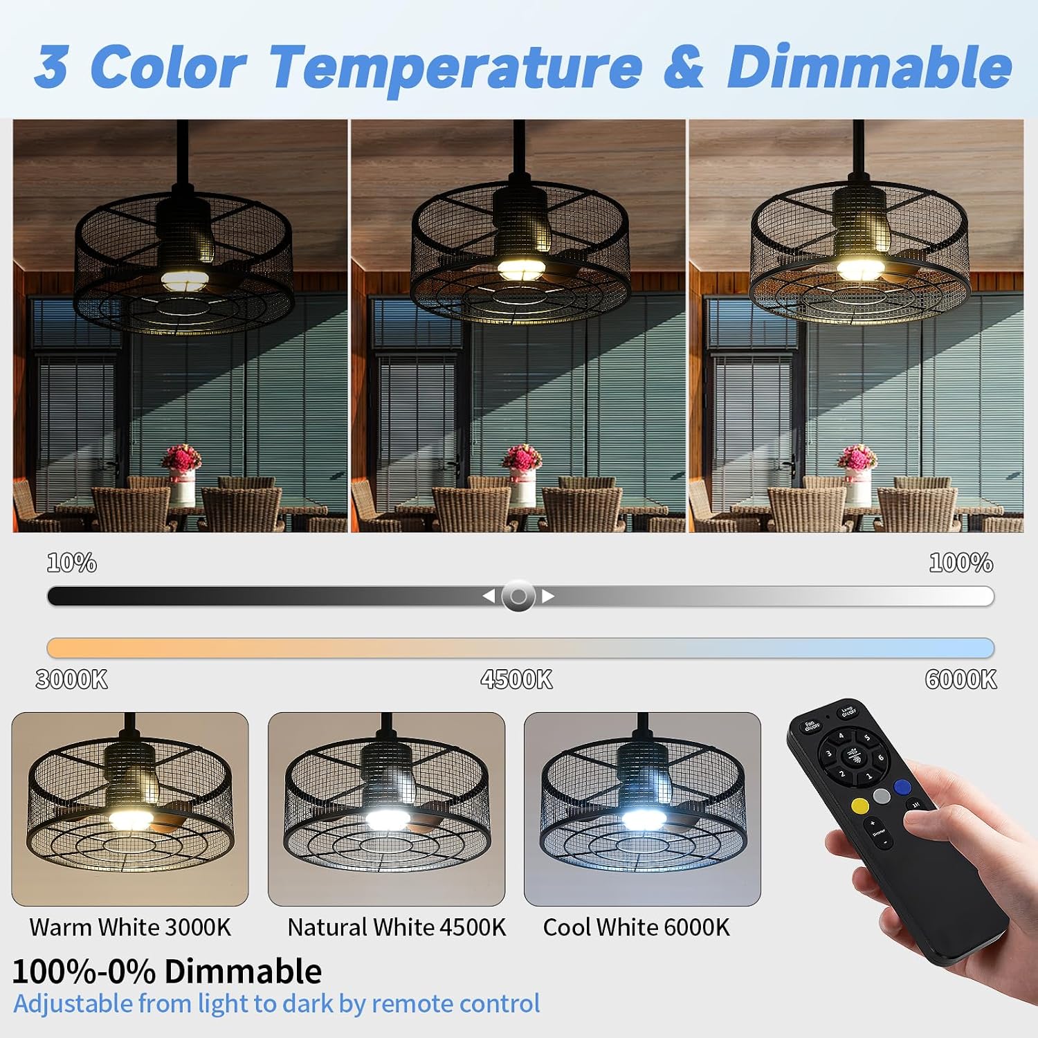 ZHENYANGL 18.11' Outdoor Ceiling Fan with Light and Remote LED Black Industrial Caged Ceiling Fan Light Fixture with Hook IP 54 Waterproof Plug in Fan Lights for Patios, Porch, Pergola, Canopy, Gazebo