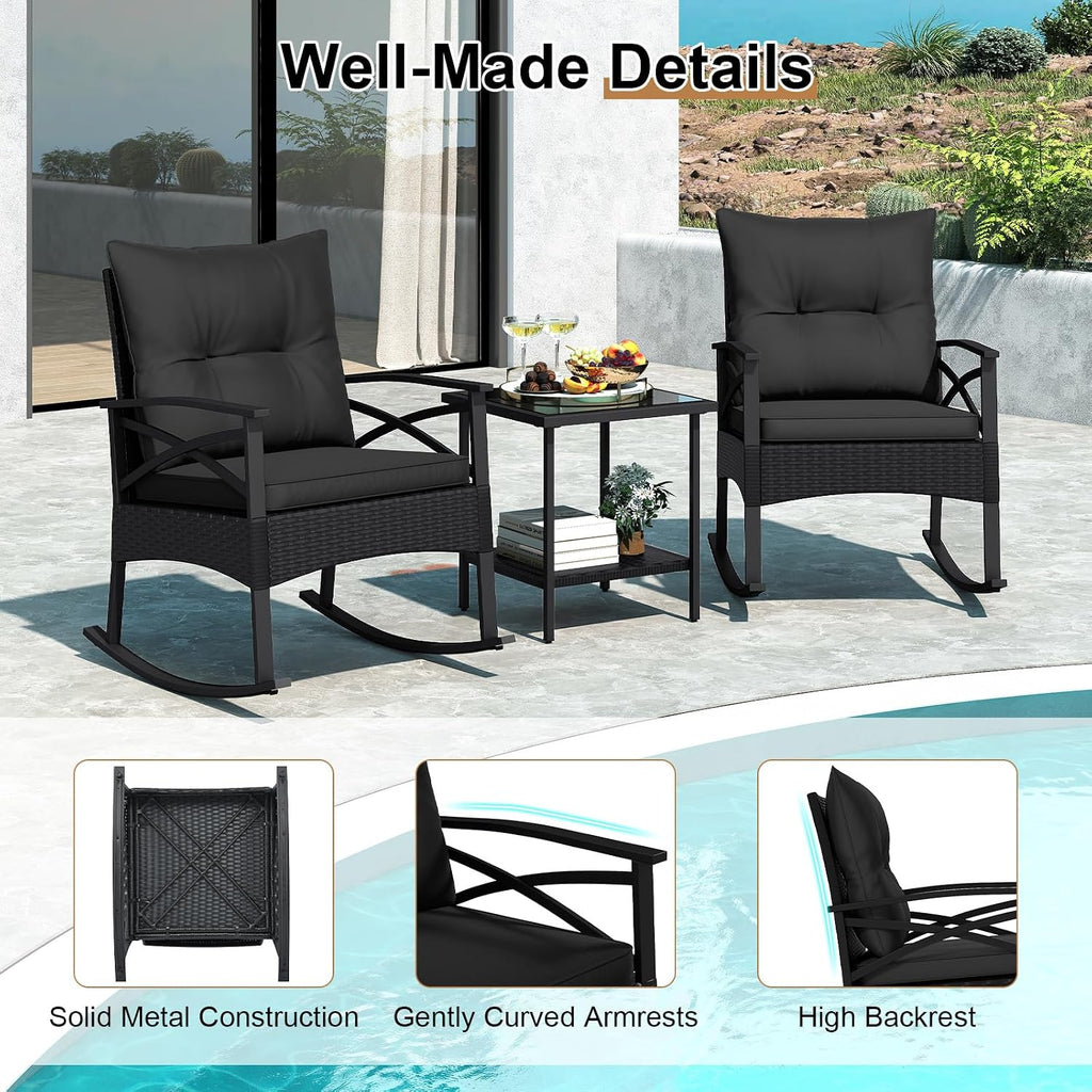 Tangkula 3 Pieces Outdoor Rocking Chairs Set, Rattan Heavy Duty Cushioned Rocker Chairs with 2-Tier Tempered Glass Coffee Table, for Garden, Balcony, Backyard (Black+Gray)