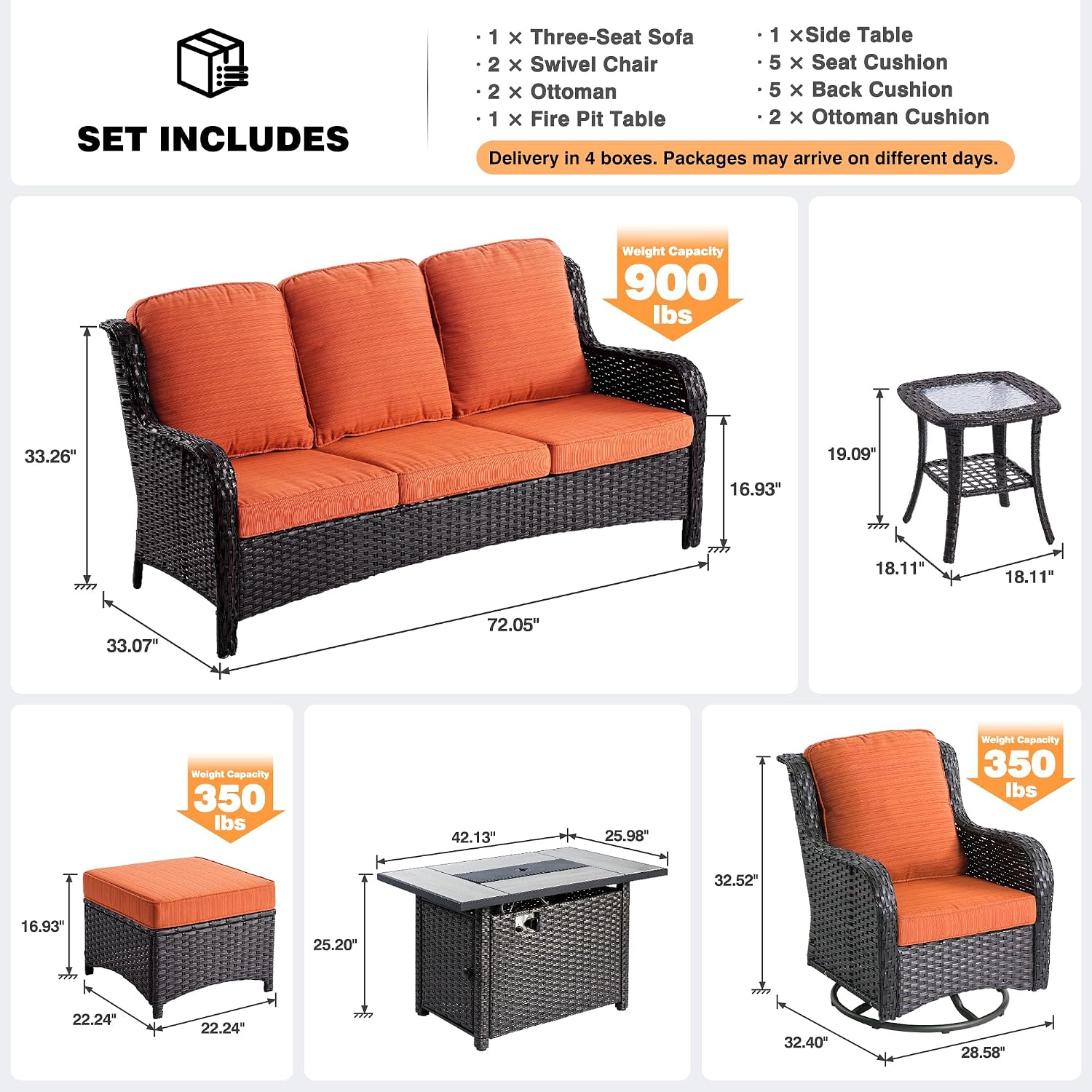 ovios 7-Pieces Patio Furniture Set with 42' Fire Pit Table Swivel Chairs, Outdoor Wicker Sofa Couch Gliders Rocker, High Back Modern Conversation Set, Brown Rattan, Orange Red