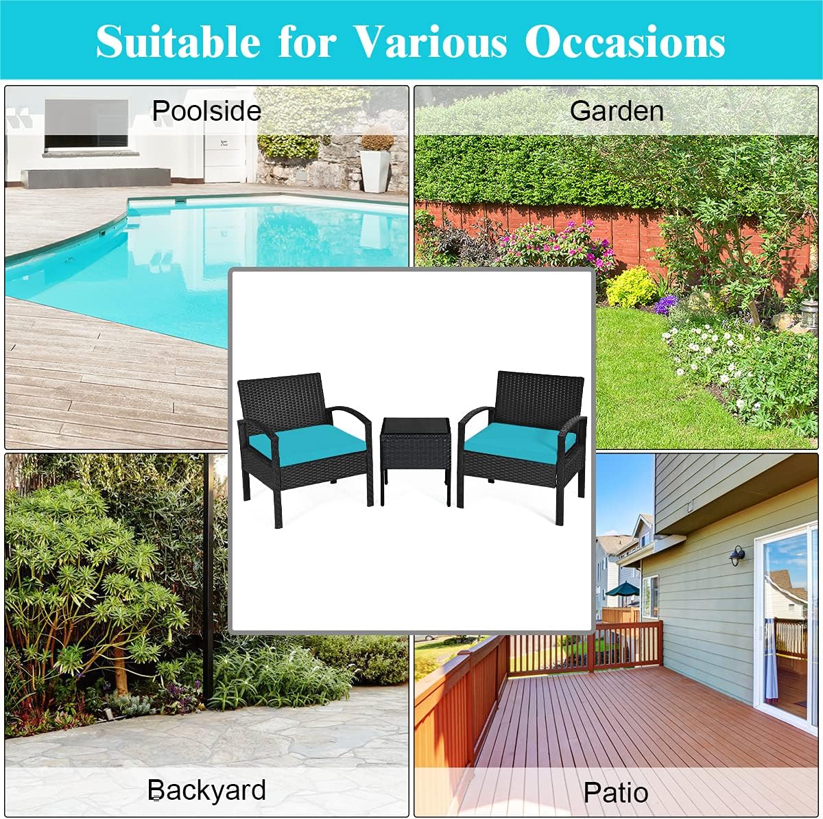 Tangkula 3 Piece Patio Conversation Set, Outdoor Rattan Sofa Set with Seat Cushions & Coffee Table, Patio Wicker Furniture Set for Garden Balcony Backyard Poolside (Turquoise)
