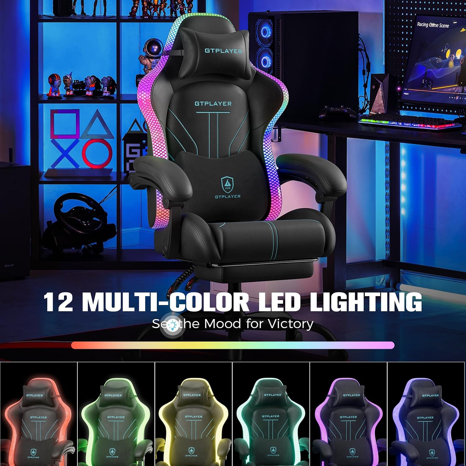 GTPLAYER Gaming Chair, Computer Chair with RGB LED Lights, High Back Ergonomic Chair for Adults with Footrest, Reclining Office Chairs, Linkage Armrest, Blue
