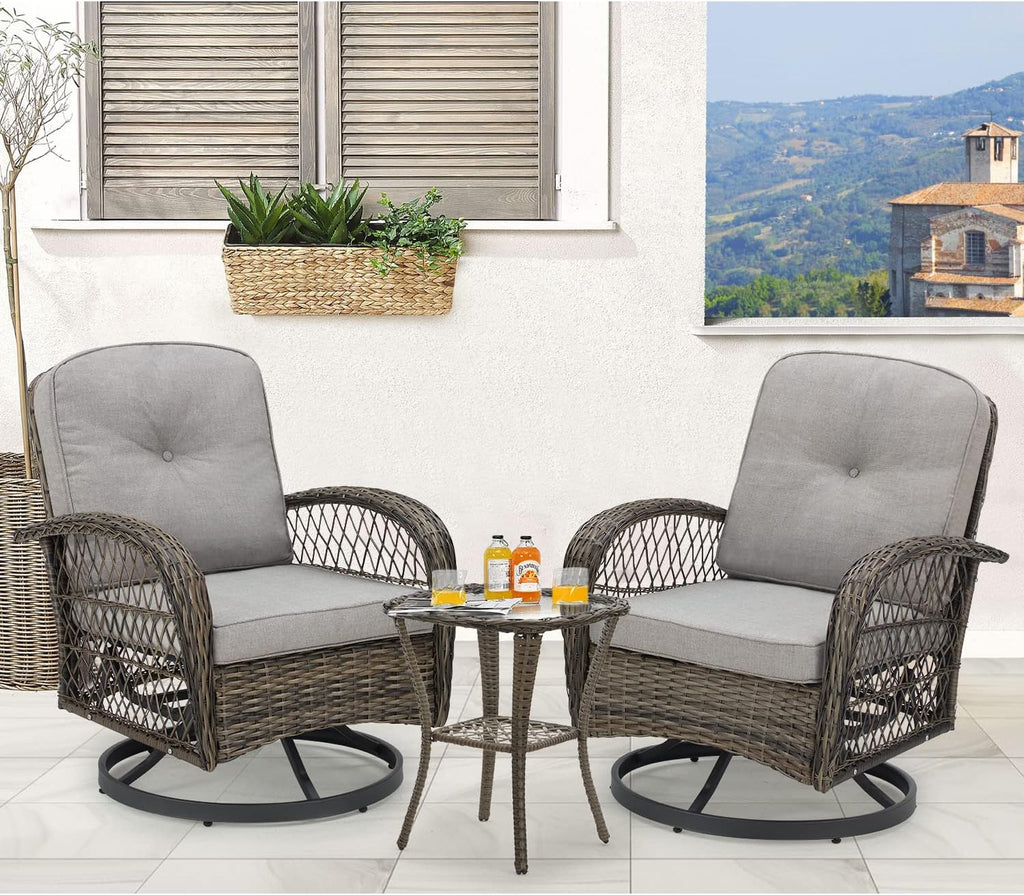 MELLCOM 3 Pieces Patio Furniture Set, Outdoor Swivel Rocker Patio Chairs, Wicker Patio Bistro Set with Rocking Chair, Thickened Cushions and Glass Coffee Table for Backyard, Garden, Grey