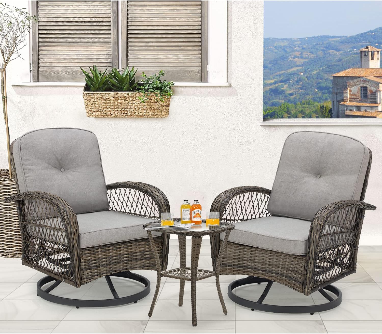 MELLCOM 3 Pieces Patio Furniture Set, Outdoor Swivel Rocker Patio Chairs, Wicker Patio Bistro Set with Rocking Chair, Thickened Cushions and Glass Coffee Table for Backyard, Garden, Grey