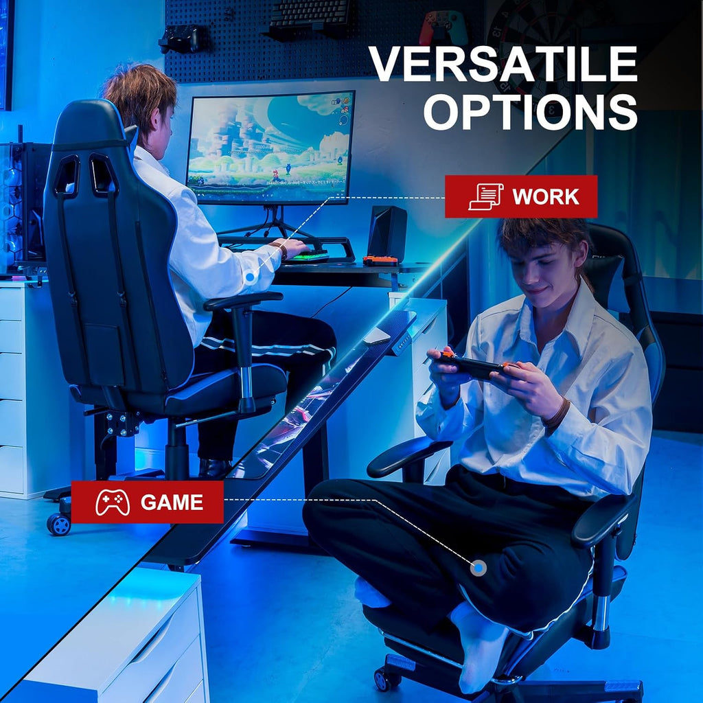 GTPLAYER Gaming Chair with Footrest, Ergonomic Computer Game Desk Chair, Recline Gaming Chair Seat Height Adjustment, Swivel Rocker with Headrest and Lumbar (Blue)