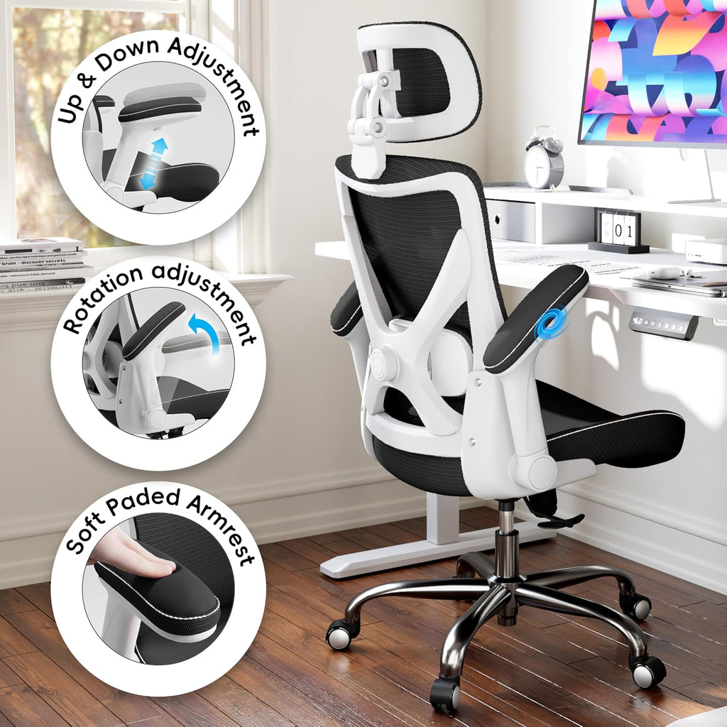 Ergalithic Office Home Ergonomic Desk Chair-Computer X-Shaped Chair Mesh PU Leather with Adjustable Lumbar Support-Executive Chair High Back with Headrest Flip-Up Arms for Long Hours (Light Black)