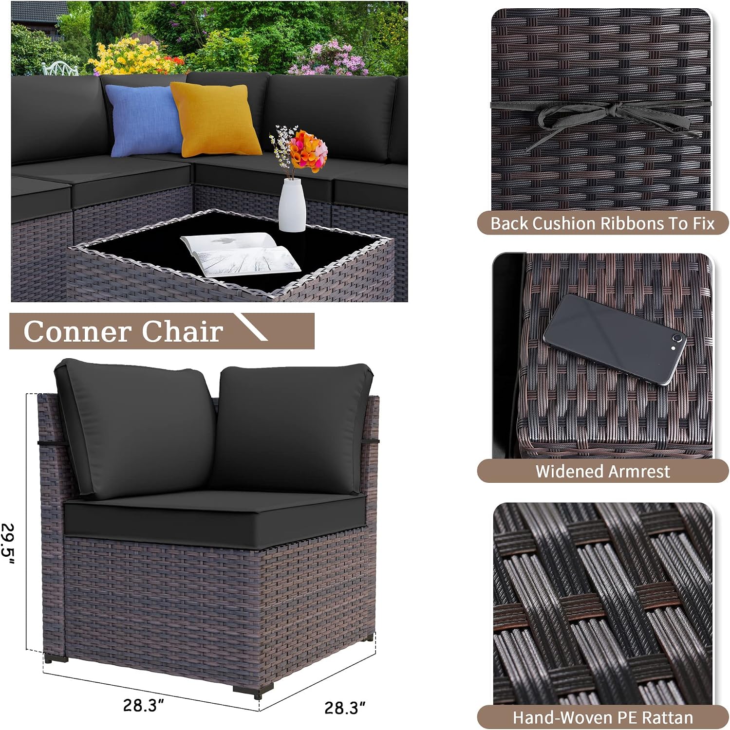 Kurapika 6 Pieces Patio Furniture Set, Rattan Wicker Outdoor Conversation Sets w/4 Inch Cushion and Glass Coffee Table(Black)